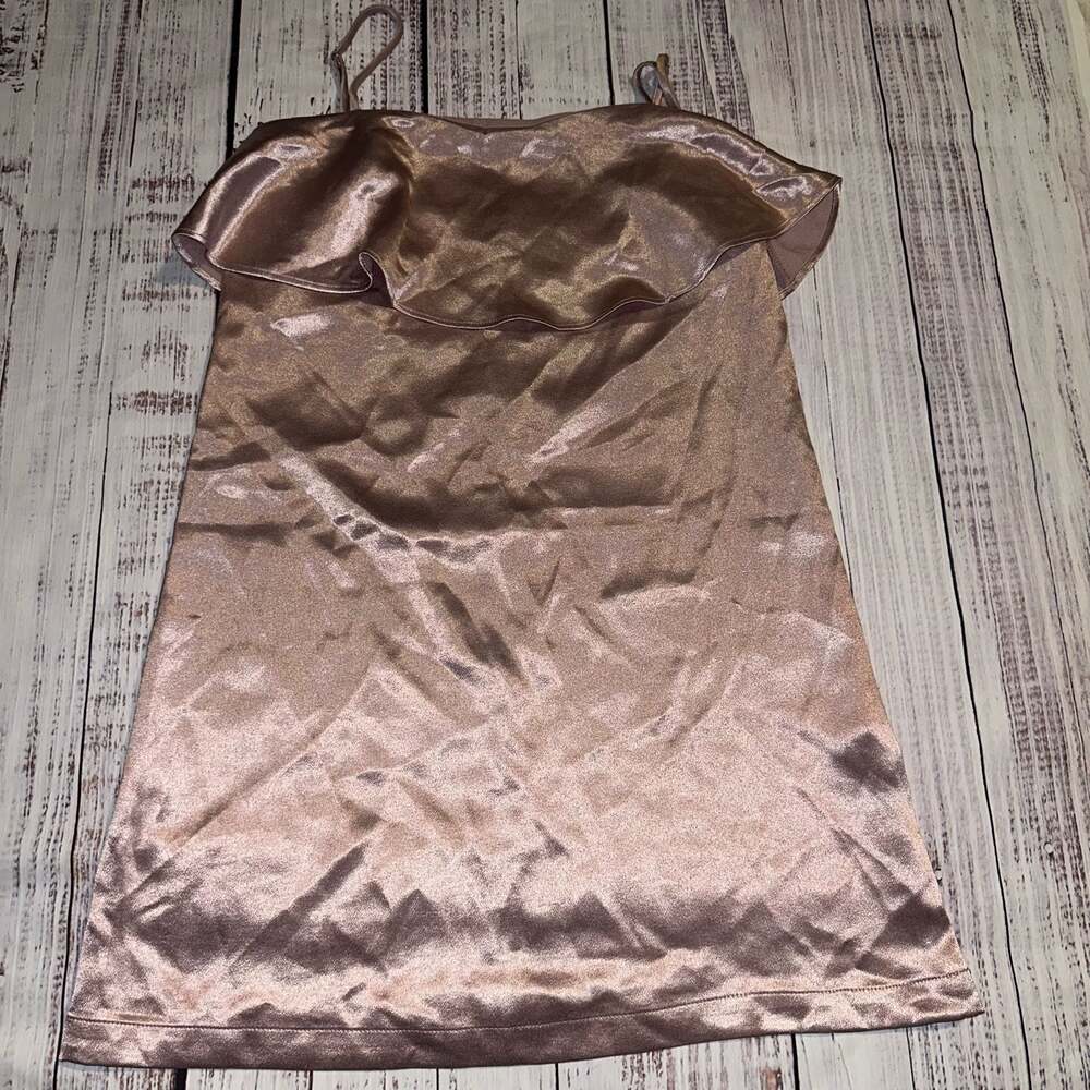 Lumière Rose Gold Metallic Satin Ruffle Flounce Mini Dress Size S